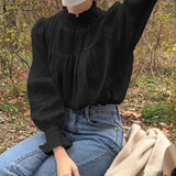 Fashion Ruffle Turtleneck Blouse Women 2022 OL Spring Pleated Puff Sleeve Shirts Casual Female Solid Tops