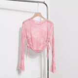 Solid Shot Tie Dyed Mesh Yarn Small Lequine Horn Long Sleeve Thin T-Shirt Drawstring With Short Repair Body Coat
