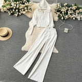 Fongt And Winter Solid Knitted Hooded Hooded Jersey Blouse High Waist-Hanging Feeling Trousers Casual Two Sets Of Women