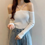 Girls Hanging Cross Hanfeng Ins Heart Temperament Words Collared Shoulder-To-Shoulder Knitting Thin Blouse White