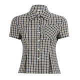 Fongt Cloth Forget British Wind Wood Ear V-Neck Check Shirt Temperament Waist Button Bubble Sleeve Top
