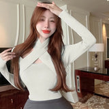 Straps Knitted Long Sleeve Crop Tops Korean Sweater Off Shoulder Straight Neck Tops-Outfit