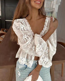 Fongt Sexy Lady U Collar Embroidered Long-Sleeved Shirt LX0065