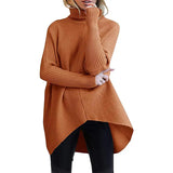 Fongt Winter Women Irregular Hem High Collar Jumper Long Sleeve Knit Sweater