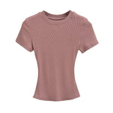 Trend Women's Wear Thread Slim Short-Sleeved T-Shirt Sexy Round Collar Solid Color Shoulder Show Thin Short Navel Blouse-Outfit