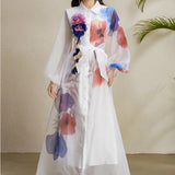 Fongt Court Dress Female Senior Sense Strap To The Waist Lantern Sleeve Print Single Buckle Mesh Elegant Dress
