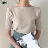 Basic T Shirts Women Solid O Neck Half Sleeve Female Tops Summer 2021 New Casual Slim Fit Ladies Tees Knitted Tees
