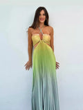 Fongt New Summer Gradient Hanging Neck Fold Fashion Dress Ladies Beach Holiday Dress