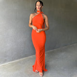 One Shoulder Backless Adjustable Scarf Loop Ruched Sexy Maxi Dress Women Elegant Y2K Streetwear Festival Outfit-Outfit