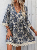 Fongt Fashion New WISH / Print V-Neck Lace Seven-Sleeve Dress