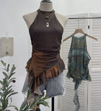 Trend Irregular Hanging Neck Dyeing Net Yarn Vest Lotus Side Ribbon Short Sleeveless Top