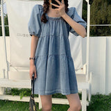 Girly Style Retro Square Collar Puff Sleeve Denim Skirt All-Matching Youthful-Looking Dress Women's Summer Denim