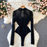 Fongt Sexy See-Through Long Sleeve Slim Bottom Top Onesie-Outfit