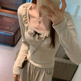 Lace Collar Bow Tie Bottom Shirt Women's New Spring Blouse Design Sense Minority Wear Long-Sleeved