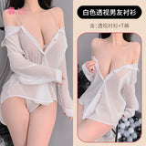 Sexy Chiffon Sling Dress Boyfriend Wind White Shirt Open Shoulder Pajamas Perspective Uniform Seduction