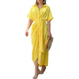 Fongt 2024 New Women's Dress With Waist Short Sleeve Single Breasted Solid Color Shirt