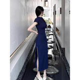 Fongt Chinese Style Improved Cheongsam Dress Women's Summer Small Temperament Chic Country Style Blue Bag Hip Long