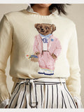 Fongt New Knitted Shirt Pink Cartoon Bear Embroidered Knitted Shirt Collar Long-Sleeved Sweater Cute Wind Top Woman