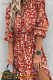 Winter Long Floral Print Dress Robe for Women 2023 Casual Long Sleeve Split Dress Female Boho Elegant Maxi Party