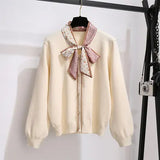 Ladies Elegant Two Pieces Set Korean Bow Collar Long Sleeve Knitted Sweater Top And Black A-line Midi Skirts