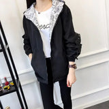 Spring Autumn Women Basic Jacket Pocket Zipper Hooded Two Side Wear Cartoon Print Outwear Loose Coat Windbreaker Female