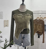 Design Feel Niche Cowboy Splicing Long-Sleeved Mesh T-Shirt Girl Summer Round Collar Dress Short Top