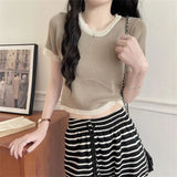 Fongt Clamming Color Splicing T-Shirts For Women's New Summer Fashion Slimming Thin-Sleeved Ice Silk Short-Sleeved Top