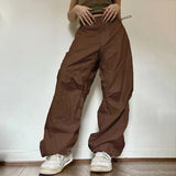 Joggers Tech Pants Women Vintage Hip Hop Low Waist Solid Baggy Trousers Y2K Streetwear Drawstring Wide Leg Cargo