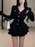 New Korea Fashion Knitted Suit Black Slim 2 Piece Skirt Set Casual Elegant Sweater + Women Outwear Casual Y2k Mini Skirt-Outfit