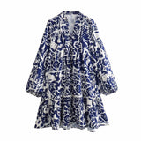 Fongt Single-Dlong Short Dress 2025 Spring/Summer V-Neck Print Long-Sleeved Loose Miniskirt