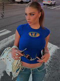 Top Y2K Tops Letter Print Tshirt O Neck Short Sleeve Baby Tees Women Clothes Basic Blue 90s Causal Streetwear Black T