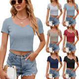 Summer New V-Neck Solid Color Short Sleeve Slim Short T-Shirt Women-Outfit