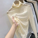 Fongt Air Fluttering Jacket Pleated Wood Ear Net Gauze Bottom Clothes Female Ultra Thin Perspective Pile Collar Lace Unlined Upper Garment-Outfit