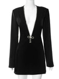V-Neck Sparkle Glitter Black Bodycon Sexy Mini Dress For Women Elegant Long Sleeve Bow Slim Fit Party Clubwear-Outfit