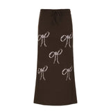 2024 Vintage Blinding Bow Print Slimy Half-Dress Woman Low-Waist Drawstring Tie With Loose Straight