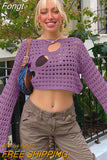 Hollow Out Cropped Knit Sweater Women Fairy Grunge Long Sleeve Top Vintage Loose Distressed Crochet Pullovers Cover-up