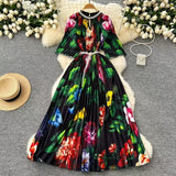 Fongt Women's Niche Elegant Dress New Hollow Nail Ball Neck-To-Celing Waist-Print Folding Long Skirt