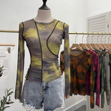 Sunset Sun Dyed Elastic Mesh Yarn T-Shirt Stacked With Long-Sleeved Top Press Line T-Shirt