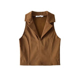 Trendy Women's Vest Fashion Temperament Solid Color Collar Sleeveless Lapel Retro Elastic Spicy Girl Navel Blouse-Outfit