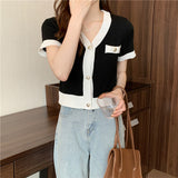 New Summer Temperament Age Reduction Knitted Short-Sleeved T-Shirt Women's Color V-Neck Unique Special Blouse