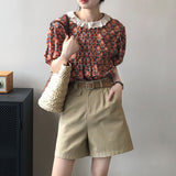 Floral Women Short Shirts Short Sleeves Lace Up Neck Korean Chic Lady Blouse Patchwork Female Outwear