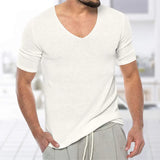 Fongt Men's Thin V-Neck Solid Knitwear Summer Short-Sleeved Knitted T-Shirt