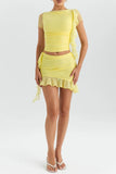 Mesh Ruffle Short Sleeve Top And Mini Skirt Set-Outfit