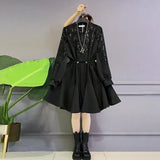 Ruffles Patchwork Dresses Spring Autumn Stylish Sequined Zipper Female Clothing Commute Waist Shirring A-Line Midi Dress-Outfit