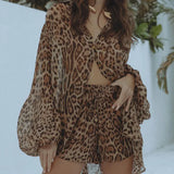 Fongt Wind 2024 Summer New Leopard Print Loose Suit Sexy See-Through Long Sleeve Shirt Shorts Two-Piece Set-Outfit