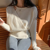 Autumn New Chi Design Feels Irregular And Fake Two Three-Button Waist Knitted Sweaters-Outfit