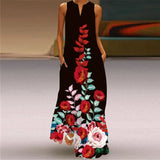 Printed Sleeveless Maxi Dress Women Casual V-neck Robe Dresses Female Plus Size Beach Holiday