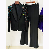 Fongt Fashion New Heavy Industry Nails Color Diamond Repair Suit Jacket Micro-Thorn Trousers Set Two