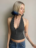 Fongt Wind Street Personality Hottie Striped Small Vest Three-Grained U-Neck Hanging Neck Knitting Top Casual Women's Clothing