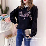 Clothing Casual 3D Letter Sweatshirts Fashion Pearl Beading Spring Autumn Korean Loose O-Neck Lace Patchwork Pullovers-Outfit